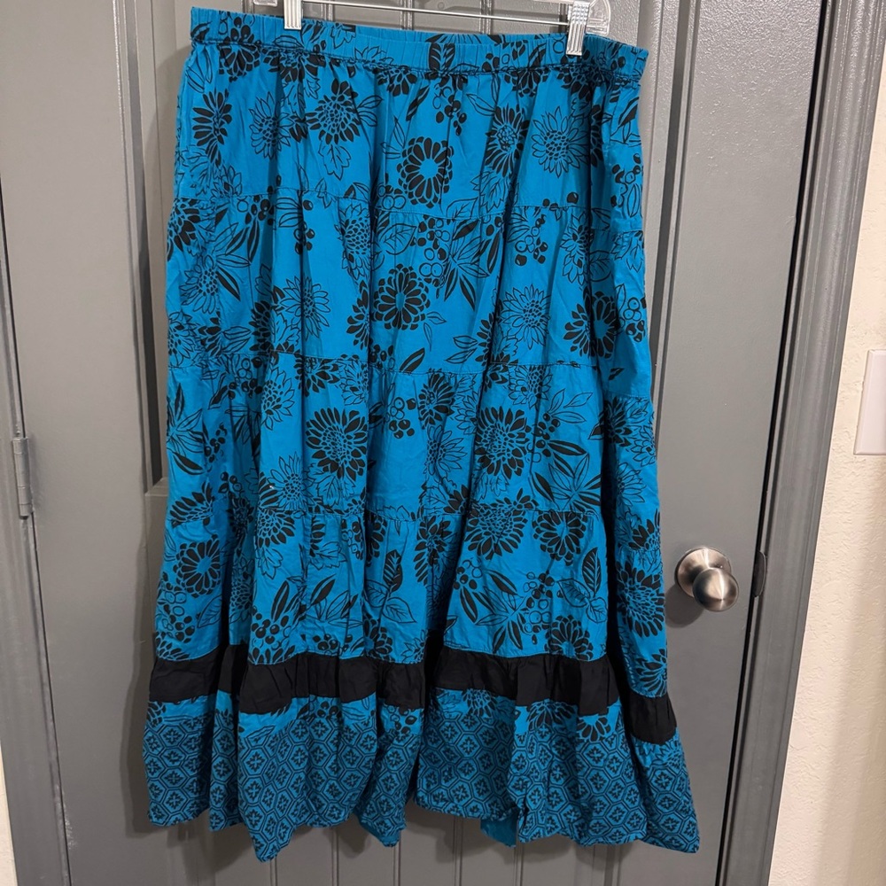 White Stag Blue and Black Floral Maxi A-Line Skirt Plus Size